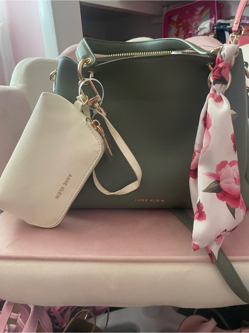 Anne Klein Olive Green Structured Tote with Cream Wristlet and Floral Scarf